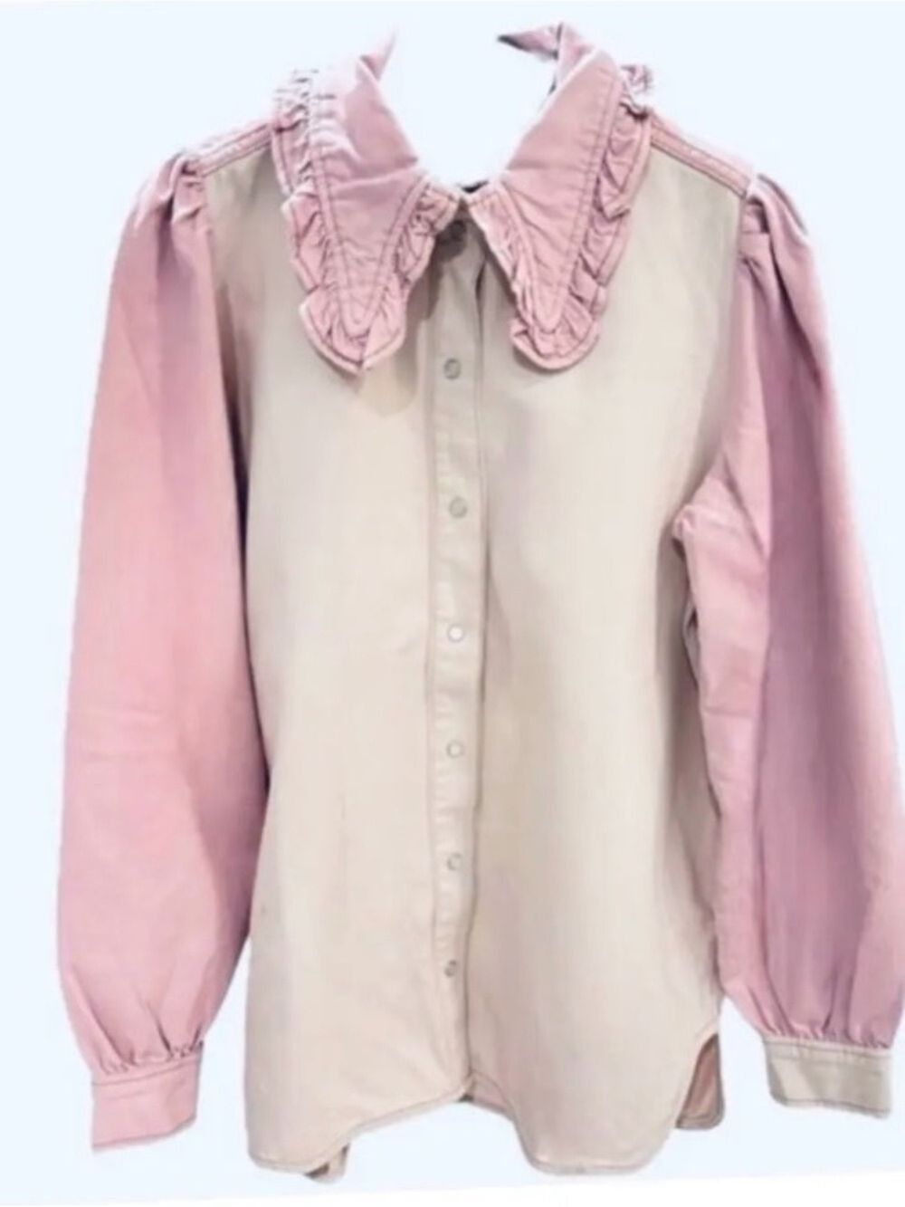 Ganni Ruffled Two-Tone Organic Denim Shirt - Picture 3 of 12